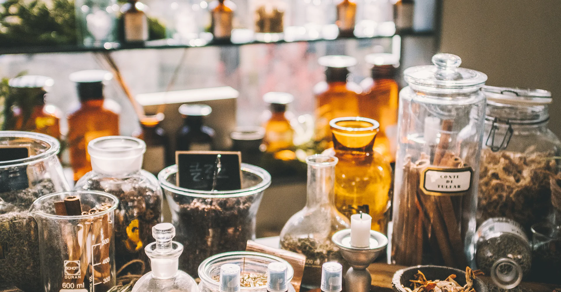 Natural medicines and herbs in glass jars